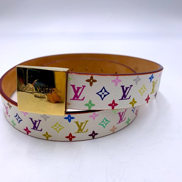 Auth Louis Vuitton Multicolor Monogram White Toile Ceinture Calle Belt 80/32 Ex+ - Picture 3 of 7